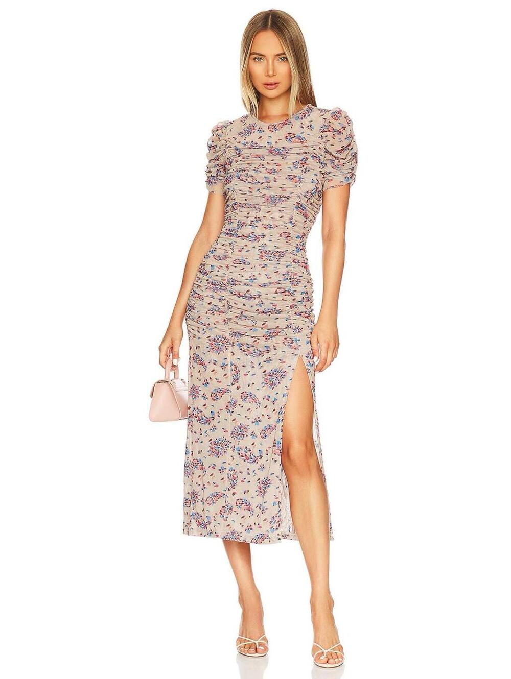 NEW! Free People Briella‎ Ruched Midi Dress Floral Tea Combo Puff Sleeve Size XS